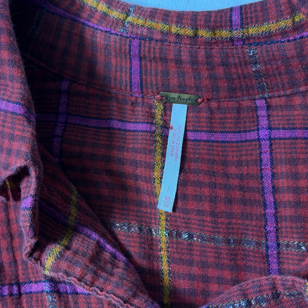 Free People Red Plaid Long Sleeve Shirt‎ Size M Break My Stride Metallic Tunic - Picture 6 of 8